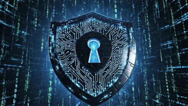 Digital security shield with keyhole and circuit pattern on blue background  