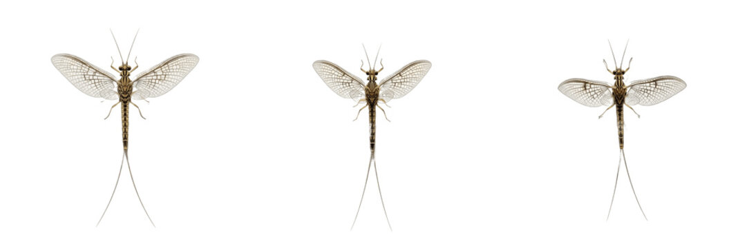 Set of three mayflies (Ephemeroptera) isolated on white background, macro photography.