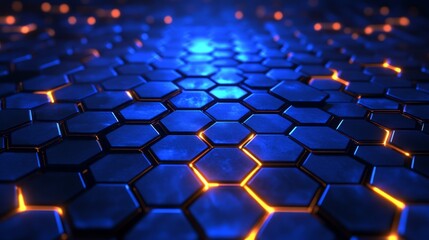 Obraz premium Vibrant close up of geometric blue and orange hexagon pattern abstract digital art.