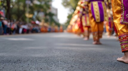 Obraz premium A vibrant traditional parade viewed from a low angle showcasing ornate costumes and a festive procession on a street