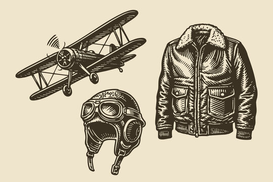 Biplane and pilot gear vintage engraving vector illustration