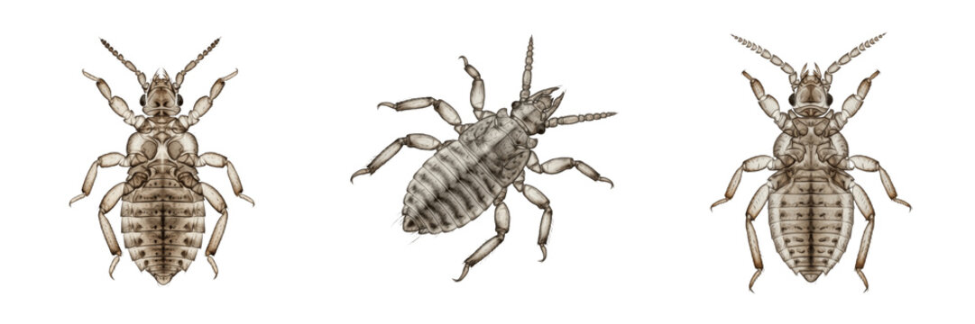 Set of three human head lice (Pediculus humanus capitis) isolated on white background, macro photography.