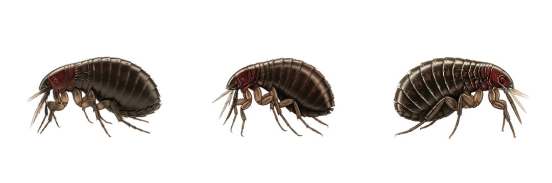 Set of three fleas (Siphonaptera) isolated on white background, macro photography.