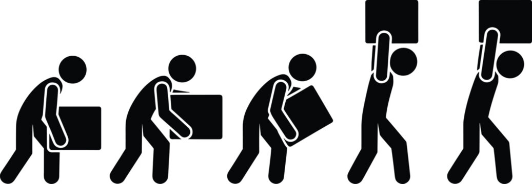 Improper and proper box lifting techniques stick figure icons set, manual handling safety and ergonomic posture training illustration isolated on white background