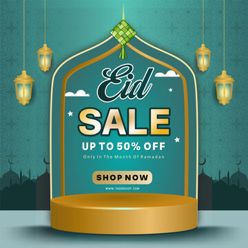 Elegant Eid Sale Banner with Islamic Arch and Lanterns, Up to 50% Off Ramadan Promotion