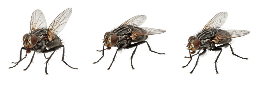 Macro shot of a housefly (Musca domestica) isolated on white background, set of three.