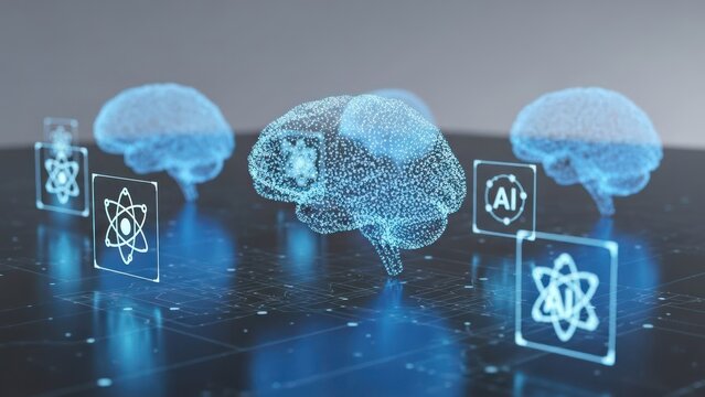 Holographic brain imagery with digital icons, representing science and artificial intelligence