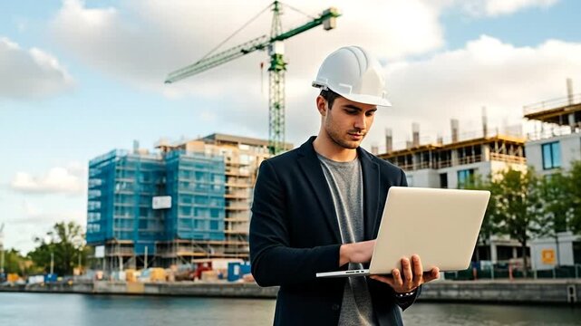 Construction Architect at Work: A construction architect stands amidst a bustling construction site, meticulously reviewing plans on a laptop. Capturing dedication and expertise.