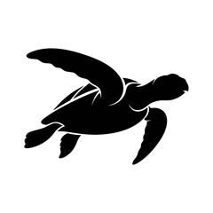 Naklejka premium Black sea turtle silhouette swimming side view, graceful marine animal.