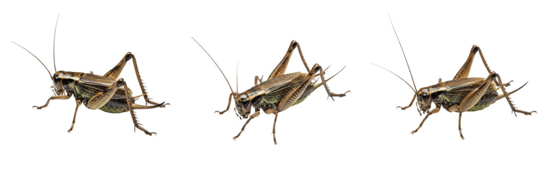 Set of brown grasshoppers isolated on white background