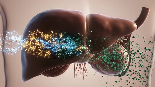 Human Liver medical illustration showing metabolic processes with glowing particles entering and processed by the organ