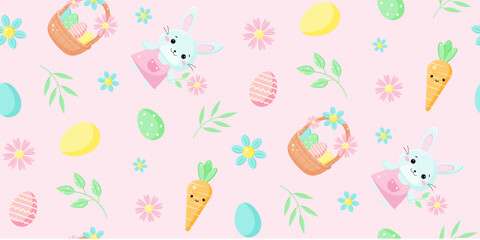 Cute Happy Easter pattern. Easter bunny, flowers ,eggs,twigs on pink background. Childish design for greeting cards,posters,decorations, wrapping paper,textile.Flat cartoon style. Vector illustration.