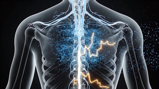 Human Nervous System Detailed 3D Animation Close Up Of Spinal Cord And Brain Stem With Blue Neural Pathways And Yellow Nerve Impulses On Black