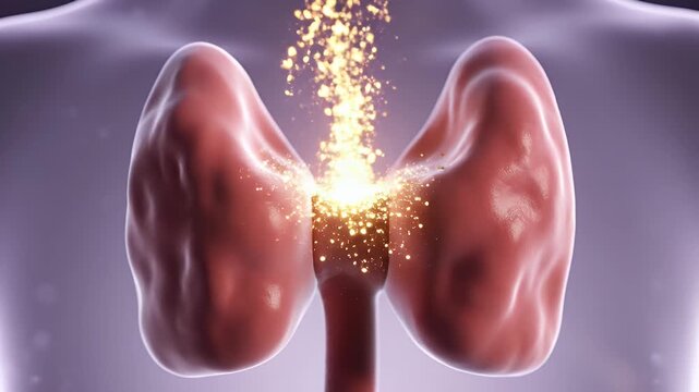 Human Thyroid Gland Anatomy With Glowing Particles Representing Hormonal Activity or Medical Condition In A Subtle Purple Haze Background