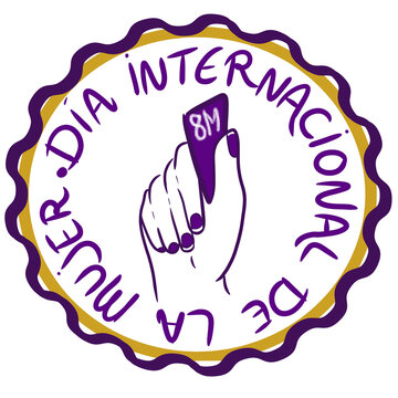 Pin 8 M D&iacute;a Internacional de la Mujer. Pin con dibujo de mano con tarjeta violeta. Mano sacando tarjeta morada. Ilustraci&oacute;n de color lila y amarillo dorado.  