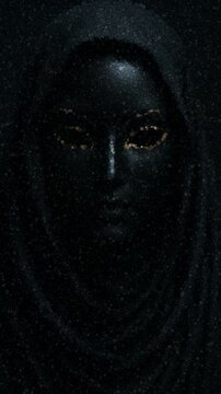 Artistic and mysterious portrait of a figure wearing a black mask with gold eye outlines and a black hood for a high fashion conceptual photography look, made of cubes

