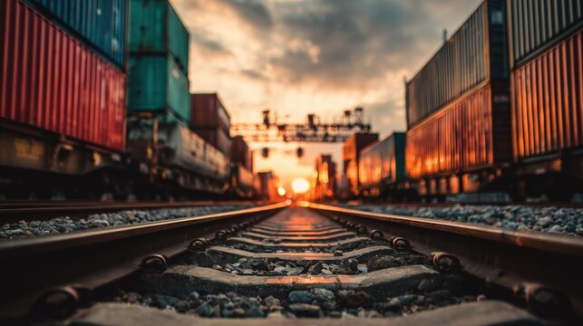 Cargo containers on freight train at railroad station during sunset