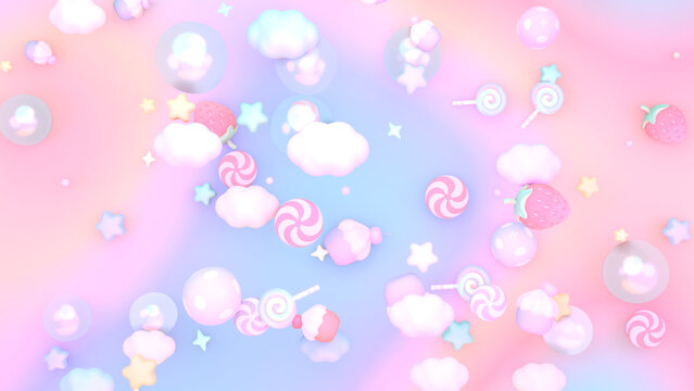 3D rendered sweet strawberries, candies, lollipops, cupcakes, bubbles, stars, and clouds against pastel gradient background.