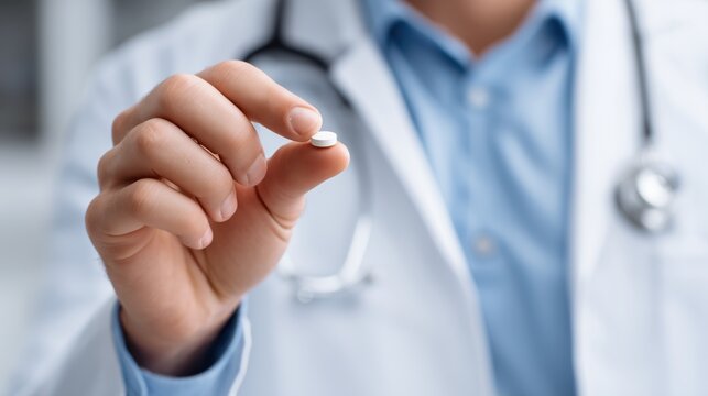 Close up of doctor hand holding white medicine pill in hospital