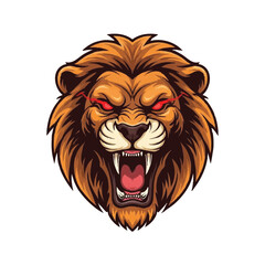 Obraz premium A vibrant cartoon illustration of an angry lion's head with red eyes and open mouth against a clean white background.
