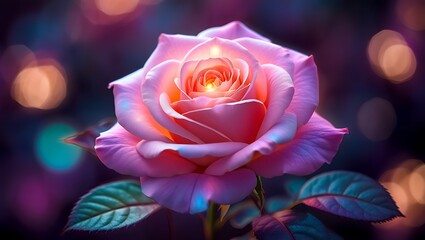 Pink rose with green leaves and colorful bokeh background colorful lights flower