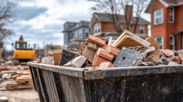 Metal dumpster filled with construction debris and brick rubble at demolition site