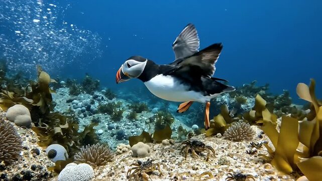 Atlantic Puffin Swimming Underwater in Clear Blue Sea with Kelp and Sunlight