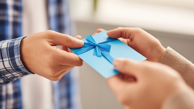 Hands giving blue gift card with ribbon to another person