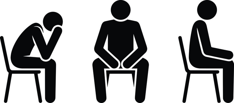 Sitting posture and stress body language stick figure icons set, depressed, neutral and relaxed seated positions isolated on white background illustration