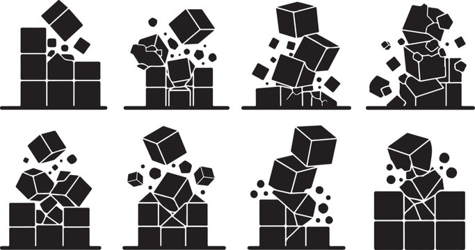 Geometric shapes falling apart in a chaotic motion sequence