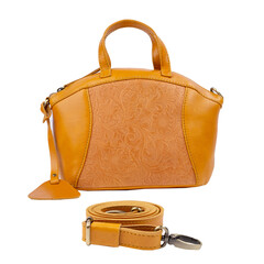 Beautiful turmeric yellow leather bag for women with floral embossed decoration, isolated on white background. Perfect for leather product catalog design.