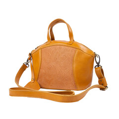 Beautiful turmeric yellow leather bag for women with floral embossed decoration, isolated on white background. Perfect for leather product catalog design.
