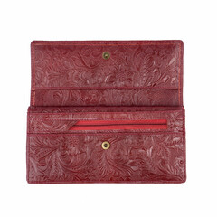 Dark red leather wallet isolated on white background, open and empty wallet. Perfect for leather product catalog design.