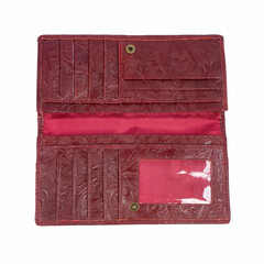 Dark red leather wallet isolated on white background, open and empty wallet. Perfect for leather product catalog design.