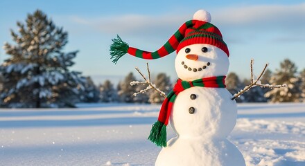 Obraz premium Snowman winter scene with hat scarf