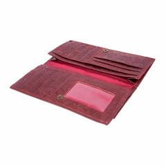 Dark red leather wallet isolated on white background, open and empty wallet. Perfect for leather product catalog design.
