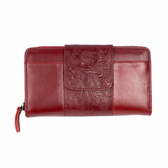 Beautiful red leather wallet for women, with floral embossed pattern isolated on white background. Perfect for leather product catalog design.