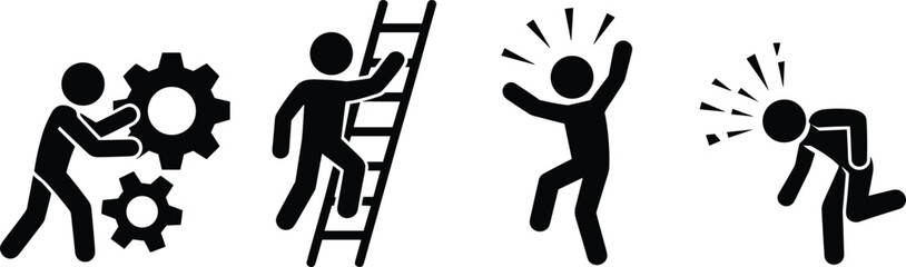 Fototapeta premium Stick figure silhouettes showing teamwork, climbing ladder, success celebration and failure concept isolated on white background business motivation icon set illustration