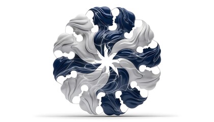 Circular mandala of interlocking white and dark blue female profiles
