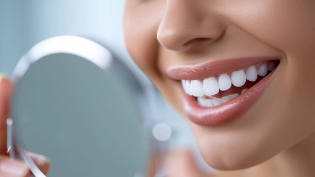 Close up of a woman smiling with white straight teeth in soft natural light