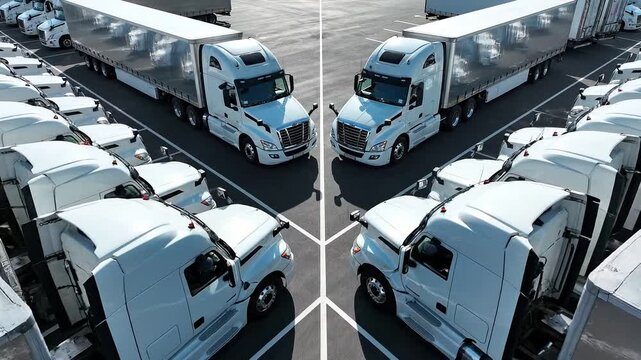 A high-angle shot depicting a large fleet of commercial trucks parked neatly at a distribution center, creating a sense of logistical efficiency and s