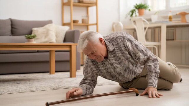 Senior man fallen on living room floor, senior safety, fall risk, home hazards, and the importance of elderly care and emergency preparedness.