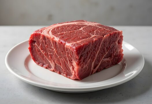 Juicy cooked beef steak slice presented on a white plate. beef top round roast