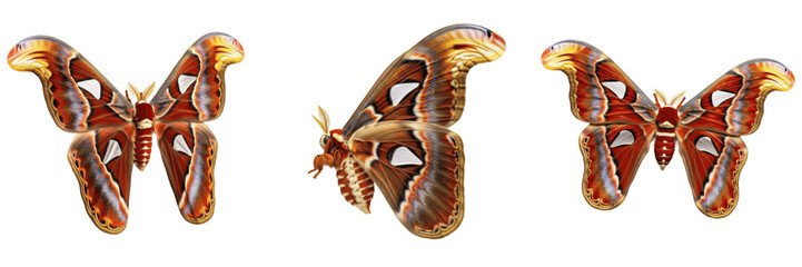 Trio of Giant Atlas Moths (Attacus atlas) Isolated on White Background - Exotic Butterfly Macro