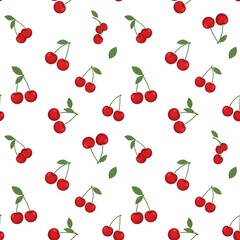 A vibrant seamless pattern of red cherries with green stems on a repeating grid, viewed from directly above