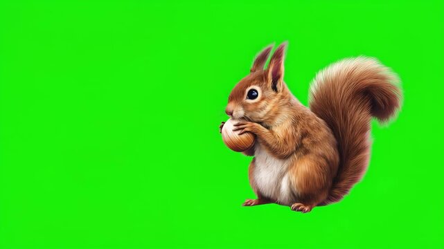 Squirrel Animation nibble on nut on Green Screen. Cute squirrel moving playfully for animal and kids video scenes. Chroma key. 3D animal