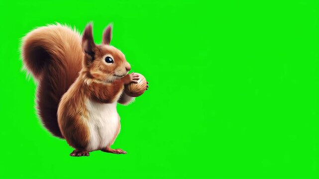 Squirrel Animation nibble on nut on Green Screen. Cute squirrel moving playfully for animal and kids video scenes. Chroma key. 3D animal