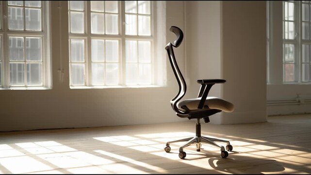 A modern office chair stands alone in a bright, empty room with large windows, casting shadows on the floor, serene atmosphere from a frontal viewpoint