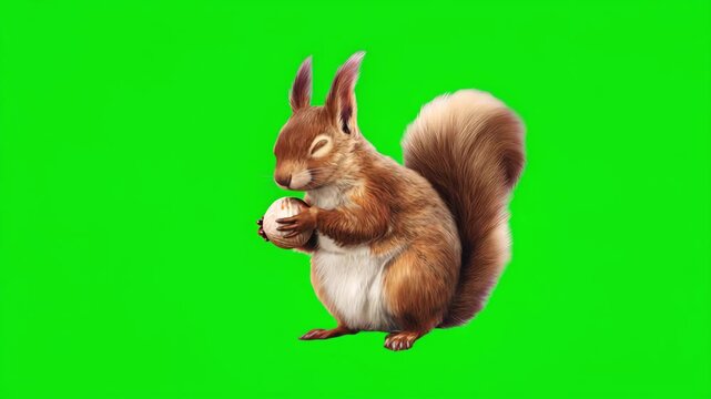 Squirrel Animation nibble on nut on Green Screen. Cute squirrel moving playfully for animal and kids video scenes. Chroma key. 3D animal