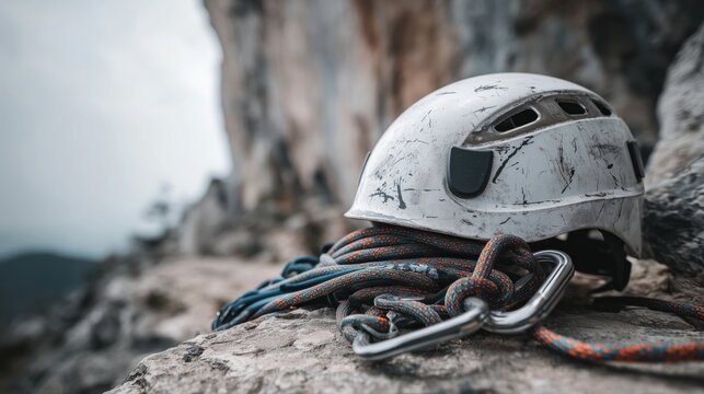 Close up of a climbing helmet, rope, and carabiner on a rock ledge with mountains in the background